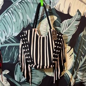 Twig & Arrow Boho Black & White Striped Fringe Woven Tote Bag Beach Purse NWT